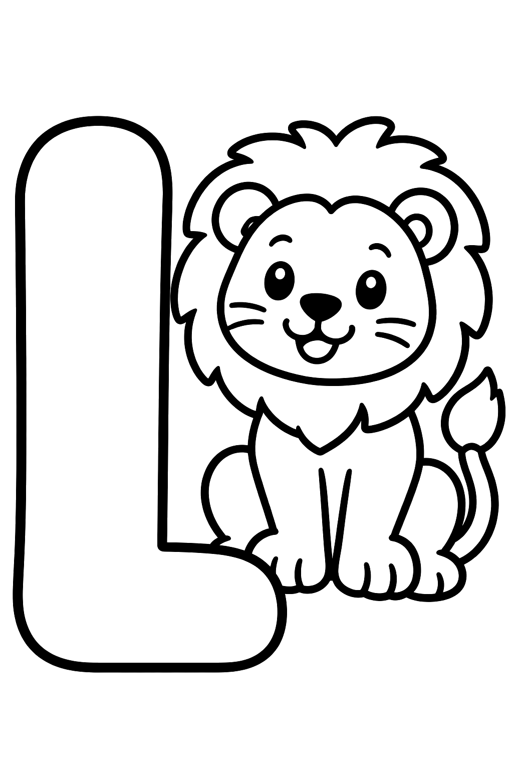 Big bubble letter l with a friendly lion sitting beside it coloring page