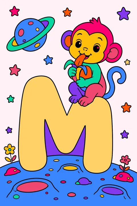 Big bubble letter m with a monkey eating a banana on the moon coloring page