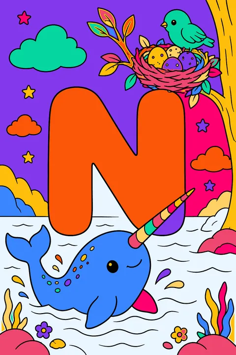 Big bubble letter n with a narwhal and a bird nest with eggs coloring page