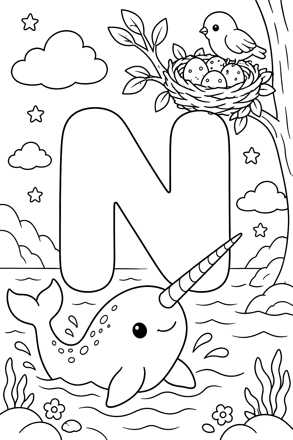 Big bubble letter n with a narwhal and a bird nest with eggs coloring page