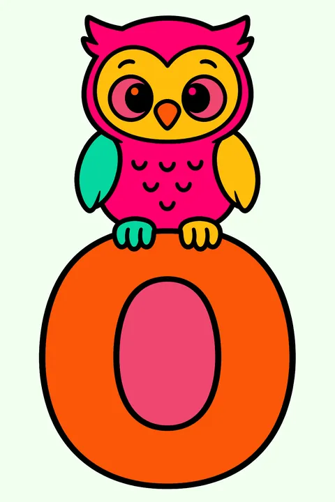 Big bubble letter o with a wise owl perched on top coloring page