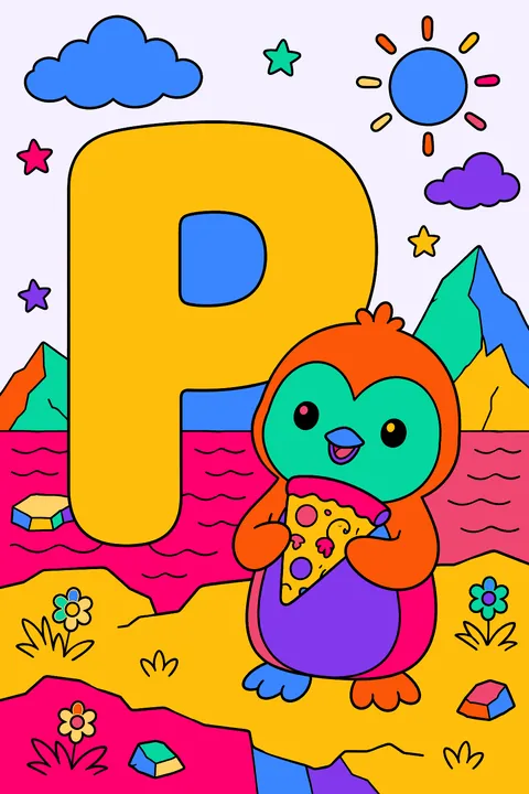 Big bubble letter p with a penguin holding a slice of pizza coloring page