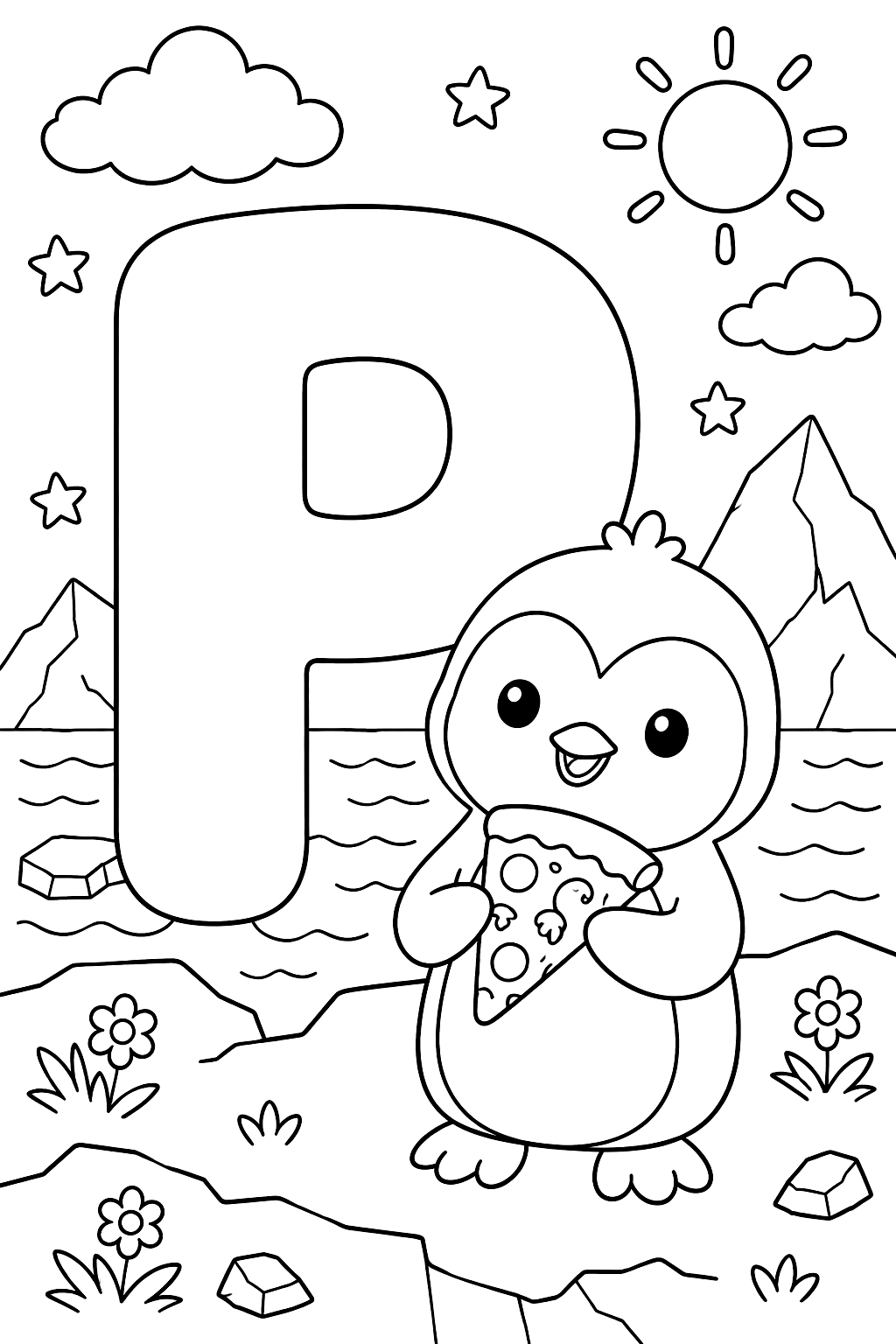 Big bubble letter p with a penguin holding a slice of pizza coloring page