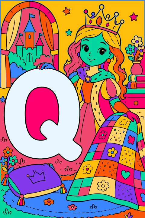 Big bubble letter q with a queen wearing a crown beside a cozy quilt coloring page