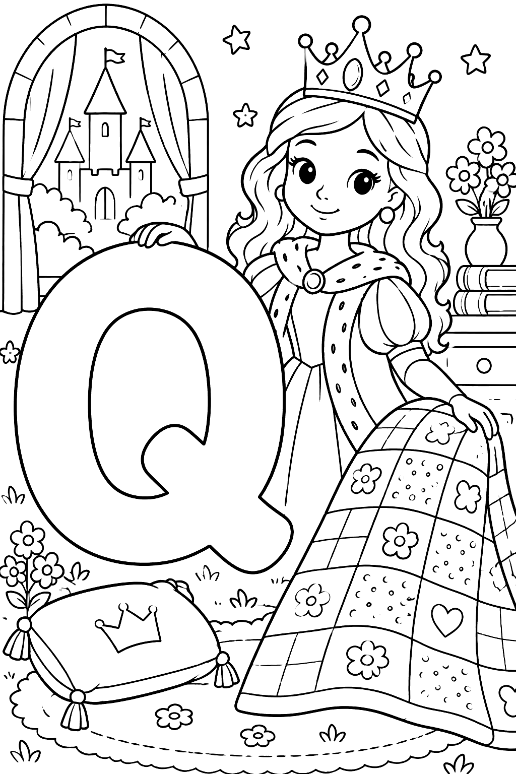 Big bubble letter q with a queen wearing a crown beside a cozy quilt coloring page