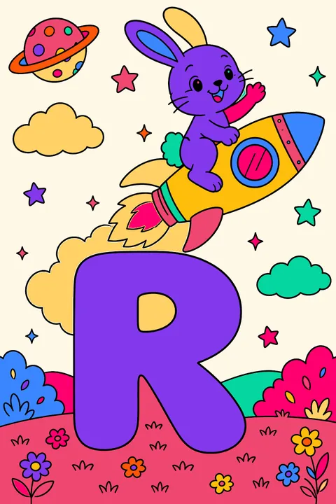 Big bubble letter r with a rabbit riding a rocket coloring page