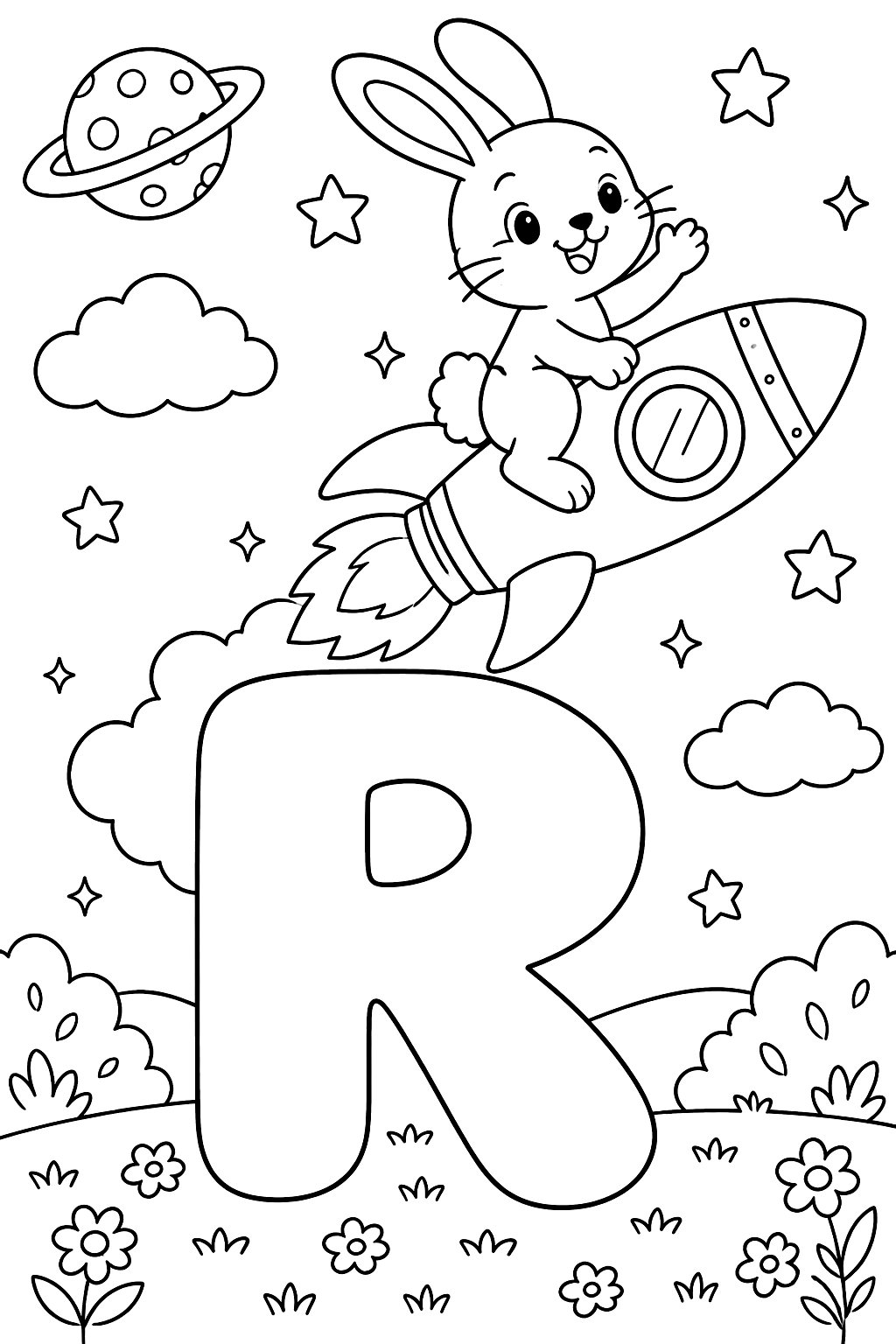 Big bubble letter r with a rabbit riding a rocket coloring page
