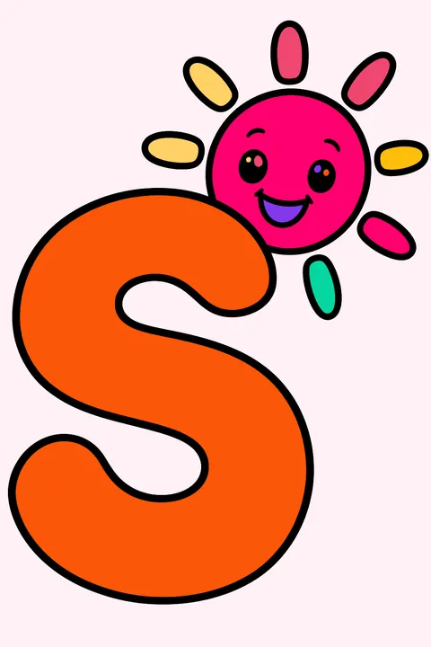 Big bubble letter s with a smiling sun shining beside it coloring page