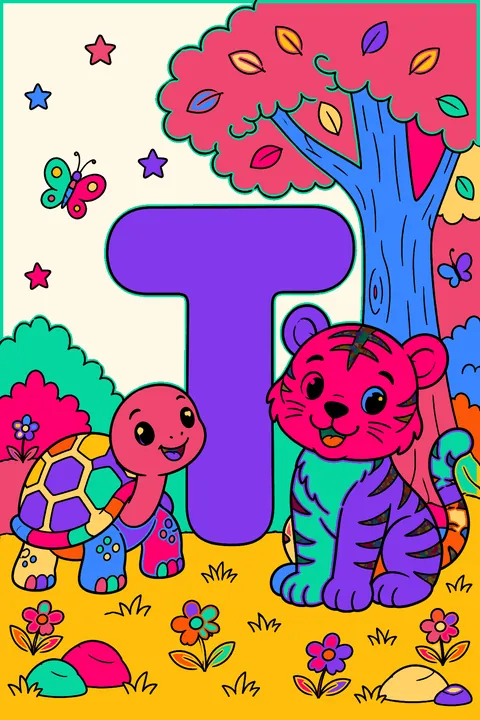 Big bubble letter t with a turtle and a tiger beside a tree coloring page