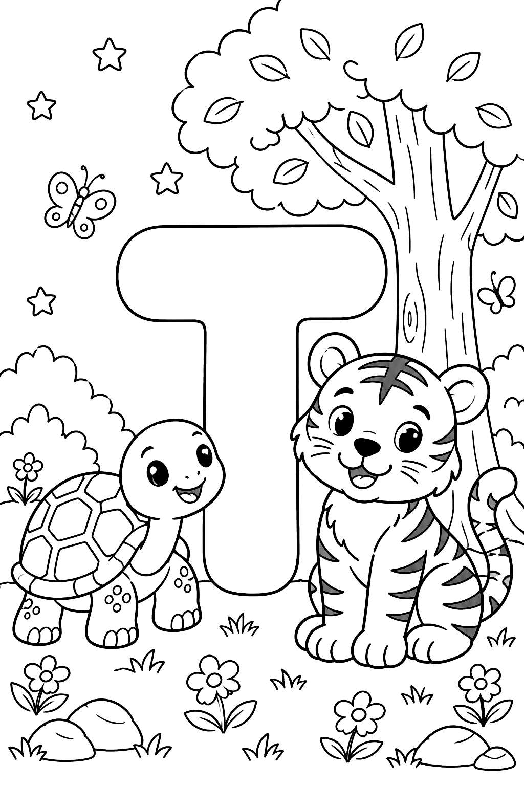 Big bubble letter t with a turtle and a tiger beside a tree coloring page