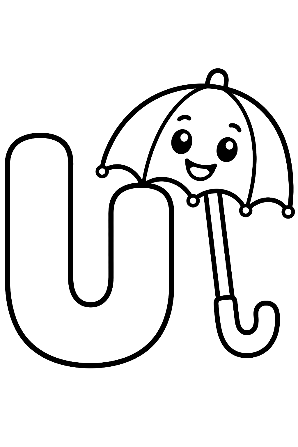 Big bubble letter u with a smiling umbrella open beside it coloring page