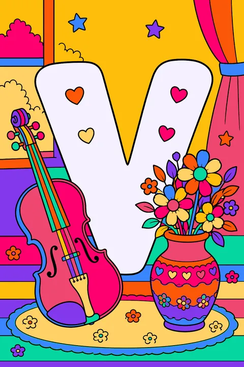 Big bubble letter v with a violin and a vase of flowers coloring page