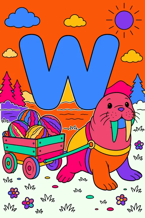 Big bubble letter w with a walrus pulling a wagon full of watermelons coloring page