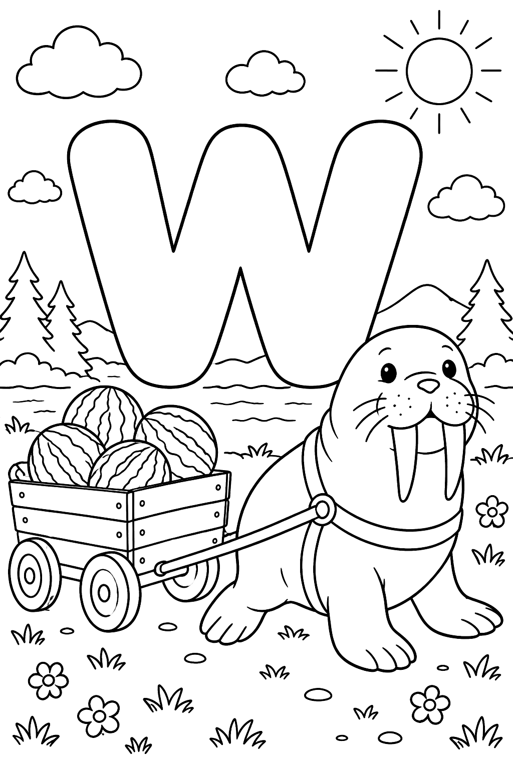 Big bubble letter w with a walrus pulling a wagon full of watermelons coloring page