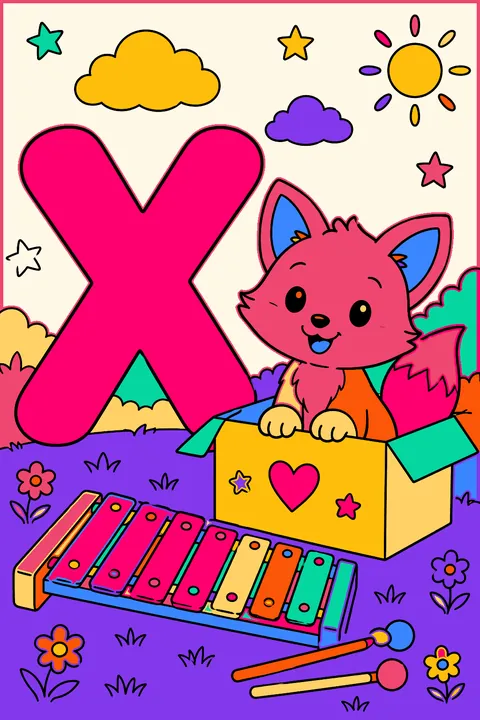 Big bubble letter x with a xylophone and a smiling fox sitting in a box coloring page