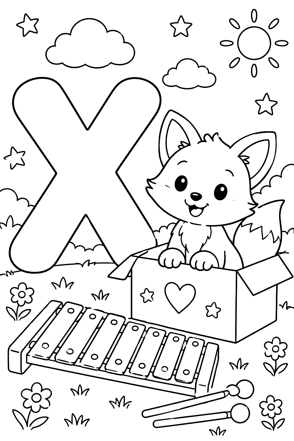 Big bubble letter x with a xylophone and a smiling fox sitting in a box coloring page