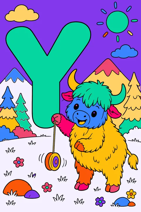 Big bubble letter y with a yak playing with a yo-yo coloring page