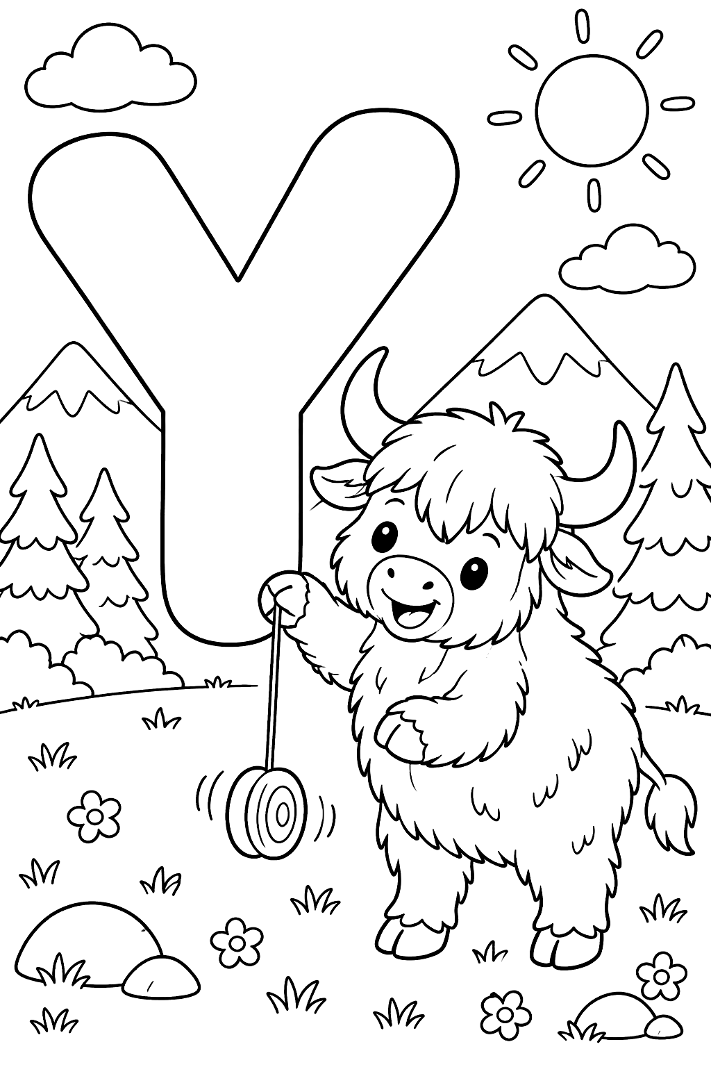 Big bubble letter y with a yak playing with a yo-yo coloring page