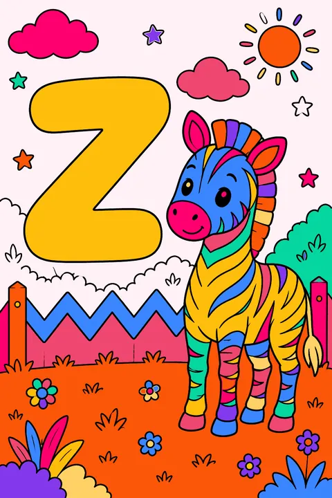 Big bubble letter z with a zebra standing beside a zigzag fence coloring page