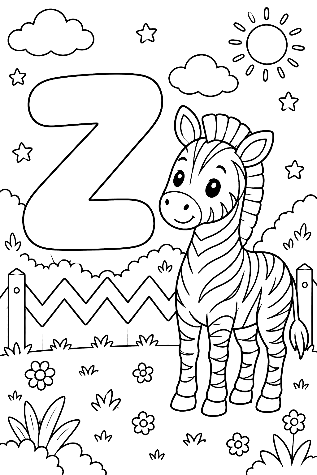Big bubble letter z with a zebra standing beside a zigzag fence coloring page