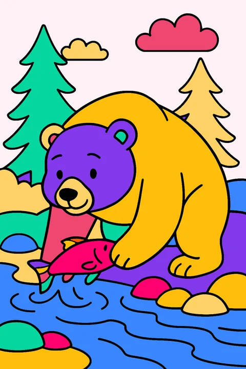 Brown bear catching a fish in a forest stream coloring page