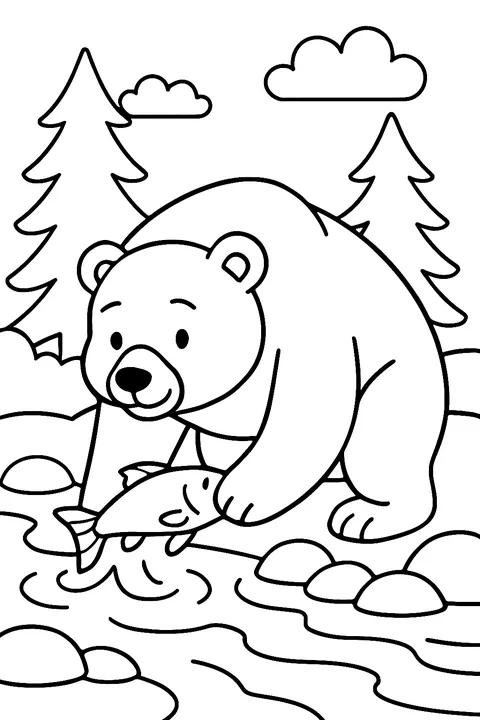 Brown bear catching a fish in a forest stream coloring page
