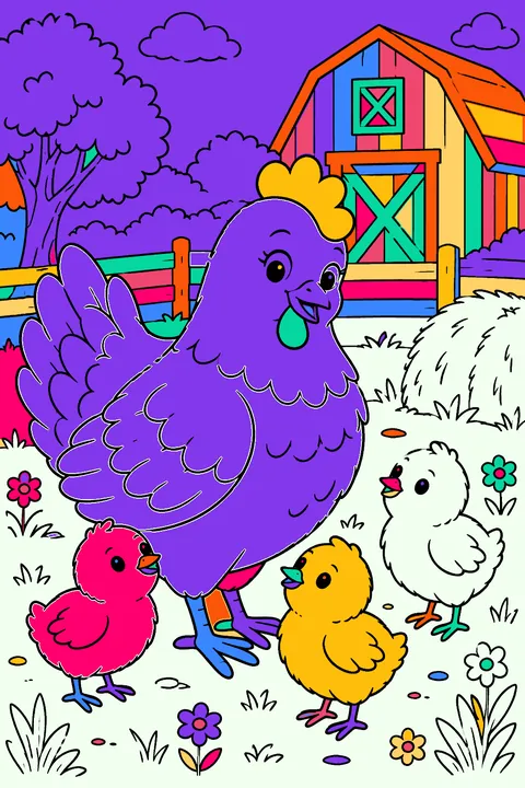 Mother hen with three baby chicks near a farm barn coloring page