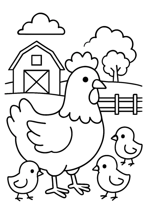 Mother hen with three baby chicks near a farm barn coloring page