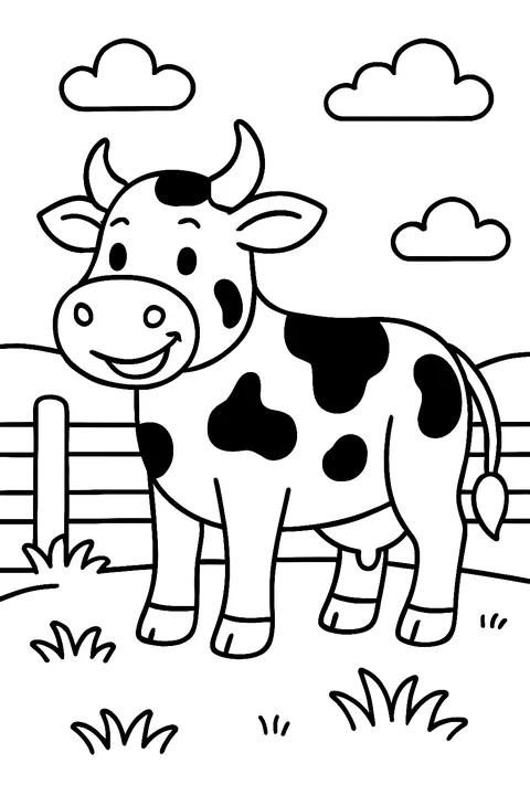 Happy cow standing in a farm field by a wooden fence coloring page