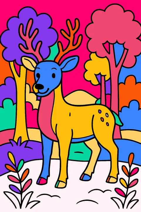 Deer with antlers standing in a forest clearing coloring page