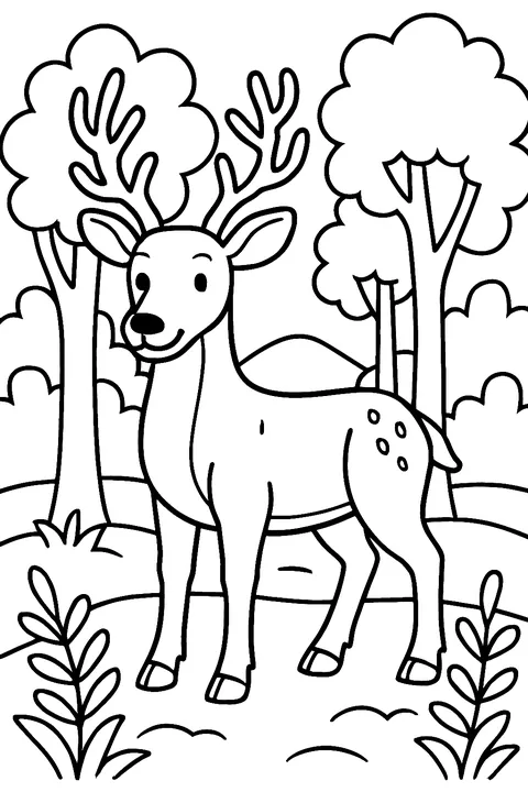 Deer with antlers standing in a forest clearing coloring page