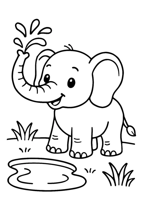 Baby elephant spraying water from its trunk next to a pond coloring page