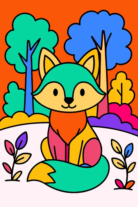 Fox sitting in a forest clearing with its bushy tail curled around its paws coloring page