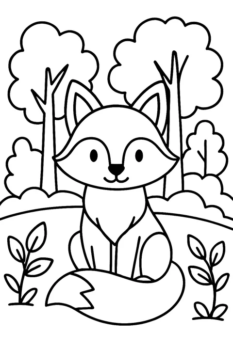 Fox sitting in a forest clearing with its bushy tail curled around its paws coloring page