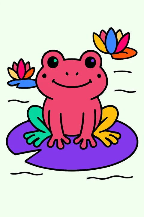 Frog sitting on a lily pad in a pond coloring page