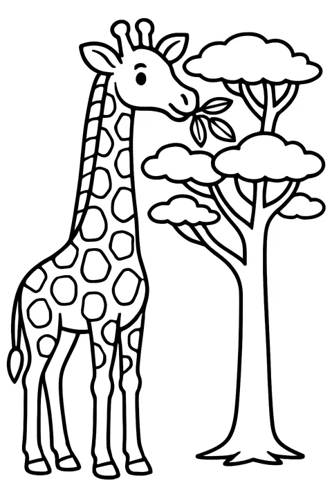 Tall giraffe eating leaves from an acacia tree coloring page