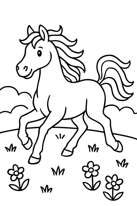 Horse galloping across a meadow with a flowing mane coloring page
