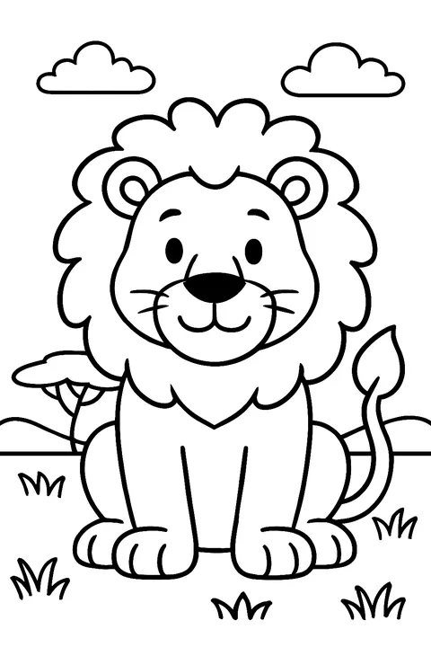 Friendly lion with a fluffy mane sitting on the savanna coloring page