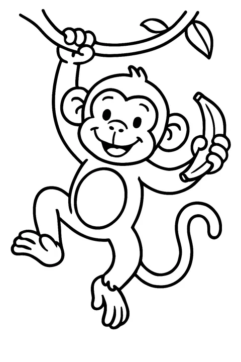 Playful monkey hanging from a jungle vine holding a banana coloring page