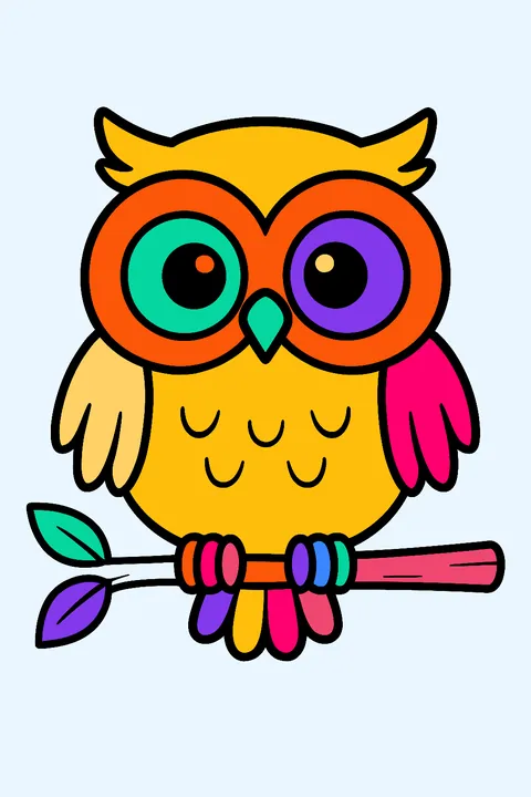 Cute round owl with big eyes sitting on a leafy branch coloring page