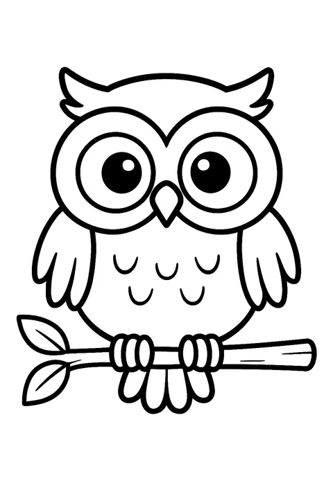 Cute round owl with big eyes sitting on a leafy branch coloring page