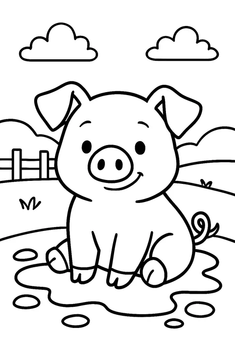 Cute pig sitting in a mud puddle on the farm coloring page