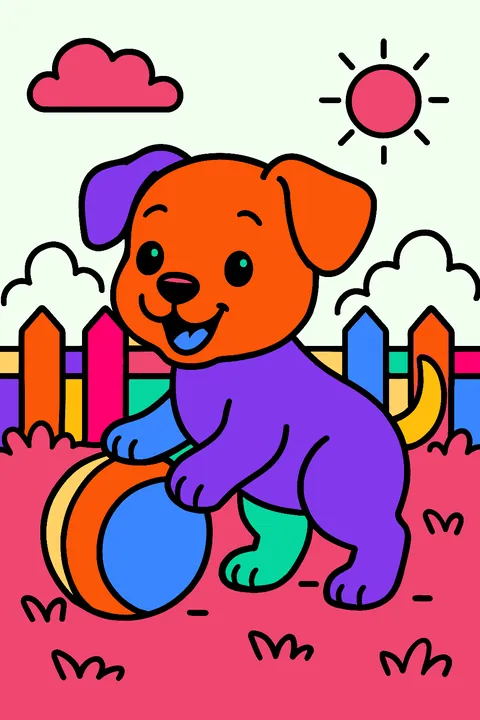 Cute puppy playing with a ball in the backyard coloring page