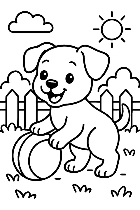 Cute puppy playing with a ball in the backyard coloring page