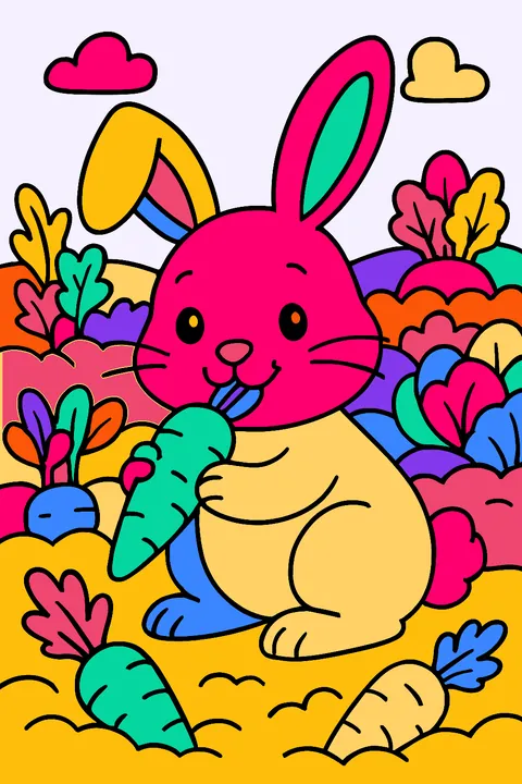 Bunny rabbit nibbling a carrot in a vegetable garden coloring page
