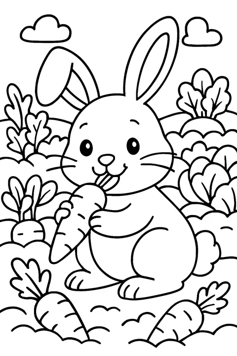 Bunny rabbit nibbling a carrot in a vegetable garden coloring page