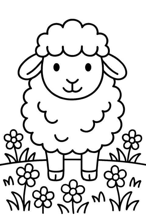 Fluffy sheep with curly wool standing in a field of flowers coloring page