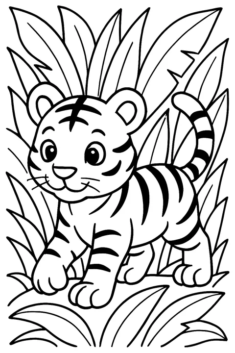 Tiger cub walking through tall jungle leaves coloring page