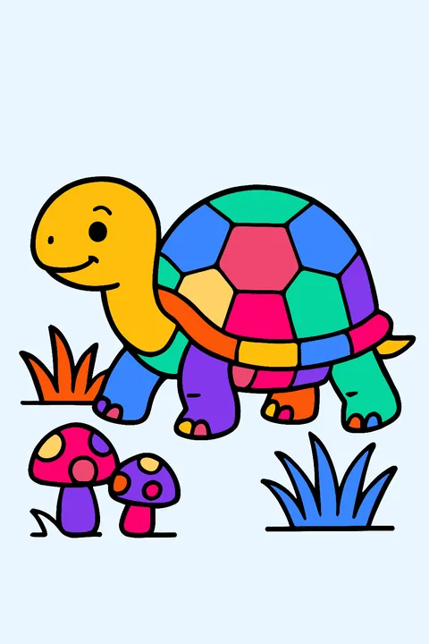 Land tortoise walking past mushrooms and grass coloring page