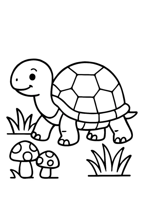Land tortoise walking past mushrooms and grass coloring page